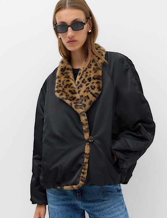 Satin Padded Faux Fur Lined Bomber Jacket