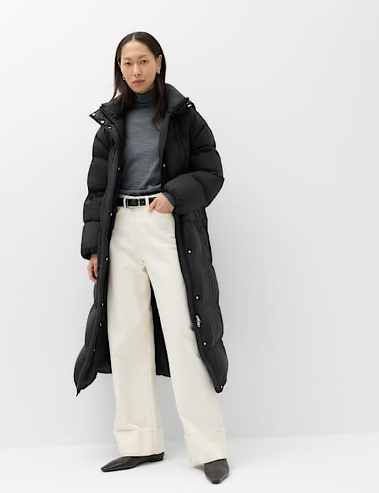 Feather And Down Hooded Longline Puffer Coat