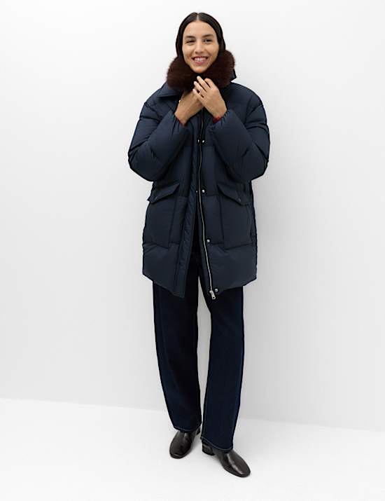Feather and Down Faux Fur Collar Coat