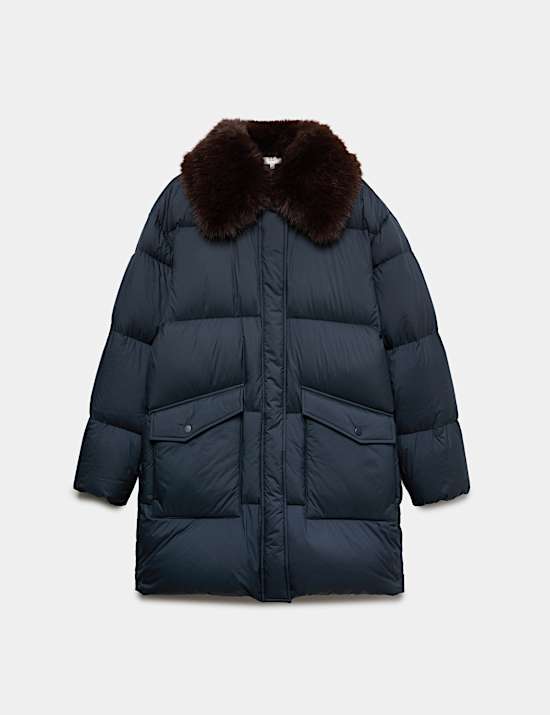 Feather and Down Faux Fur Collar Coat