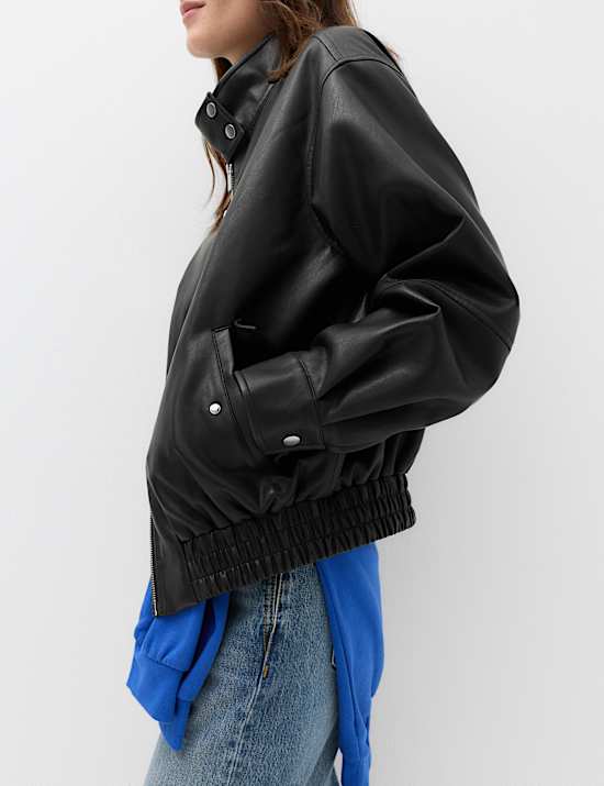 Faux Leather Funnel Neck Bomber Jacket