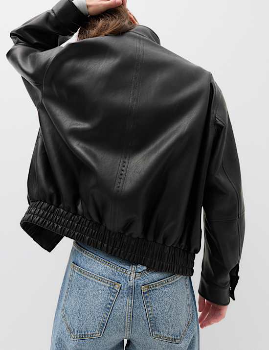 Faux Leather Funnel Neck Bomber Jacket