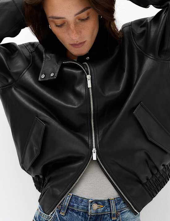 Faux Leather Funnel Neck Bomber Jacket