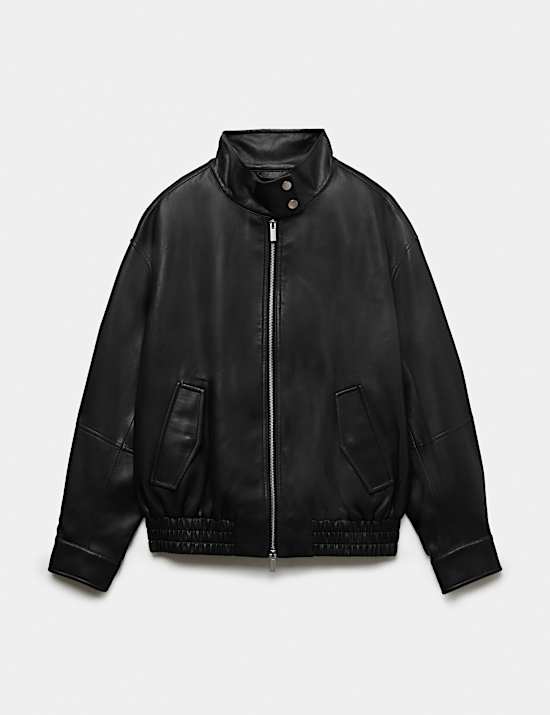Faux Leather Funnel Neck Bomber Jacket