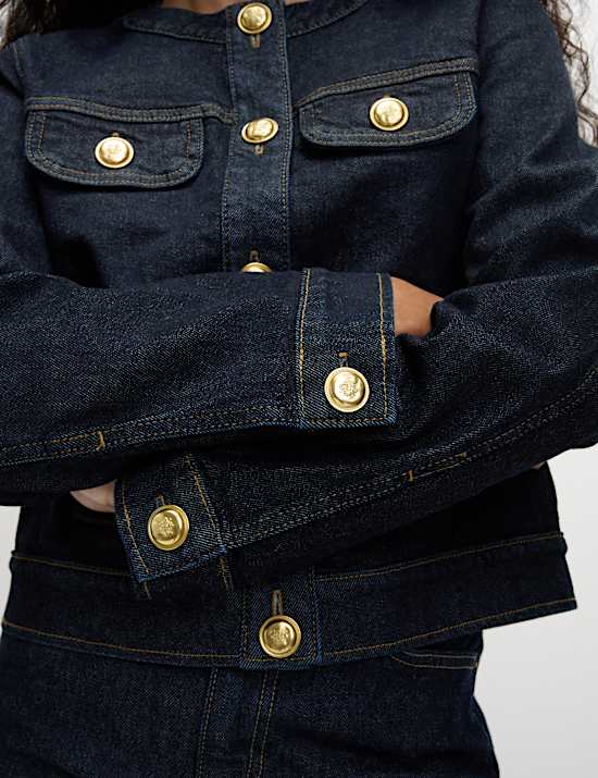 Denim Collarless Button Through Jacket