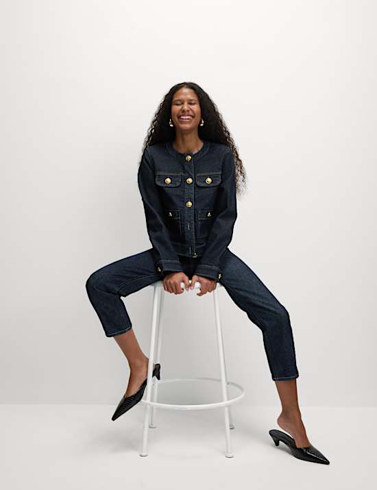 Denim Collarless Button Through Jacket