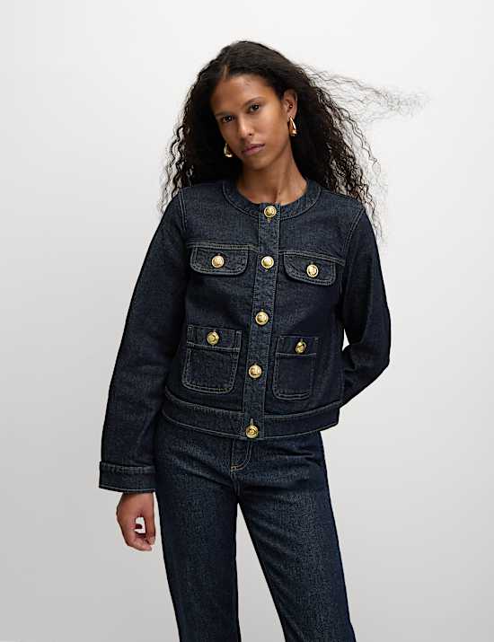Denim Collarless Button Through Jacket