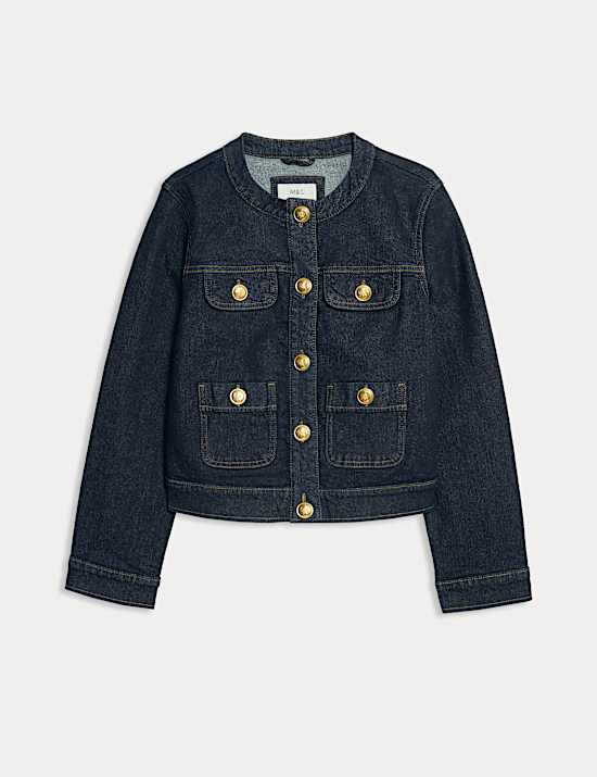 Denim Collarless Button Through Jacket