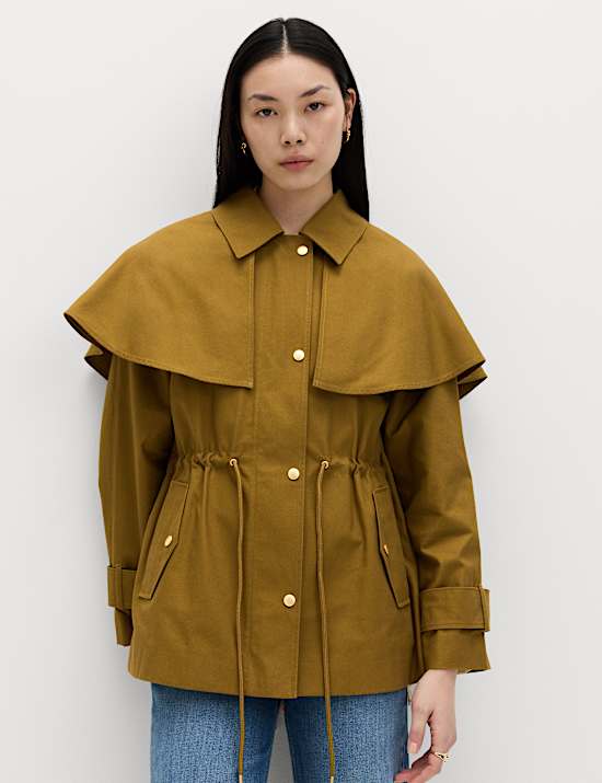 Pure Cotton Waisted Collared Cape Coat