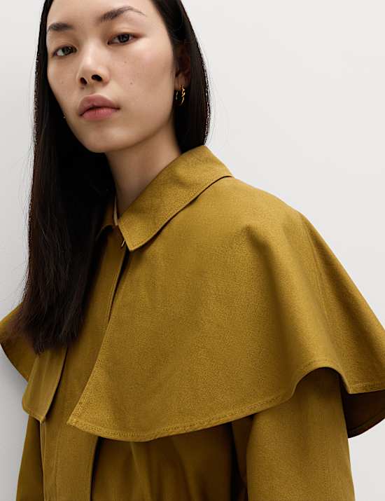 Pure Cotton Waisted Collared Cape Coat