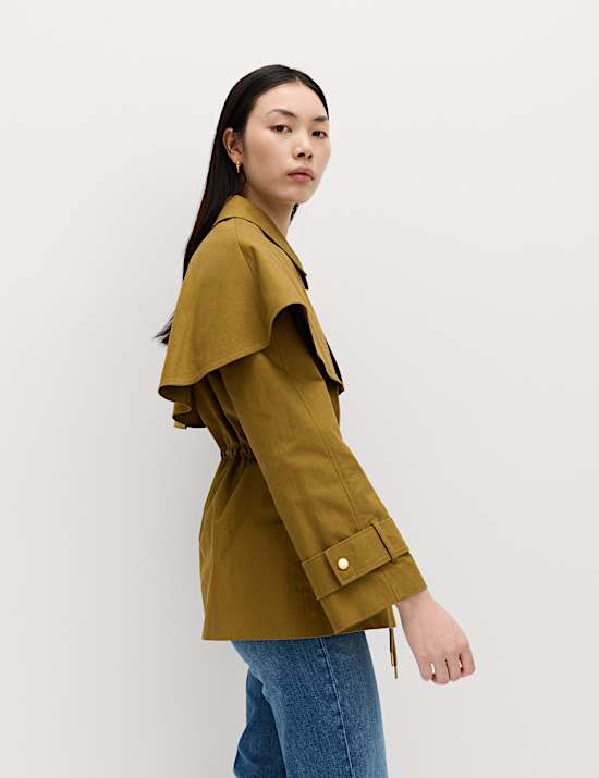 Pure Cotton Waisted Collared Cape Coat