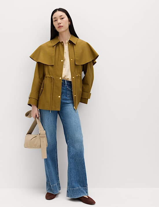 Pure Cotton Waisted Collared Cape Coat