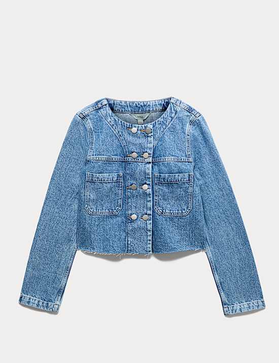 Kragenlose, doppelreihige Crop-Jeansjacke