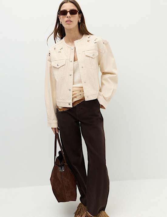 Denim-Truckerjacke mit Lochmuster