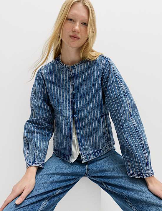 Denim Striped Collarless Jacket