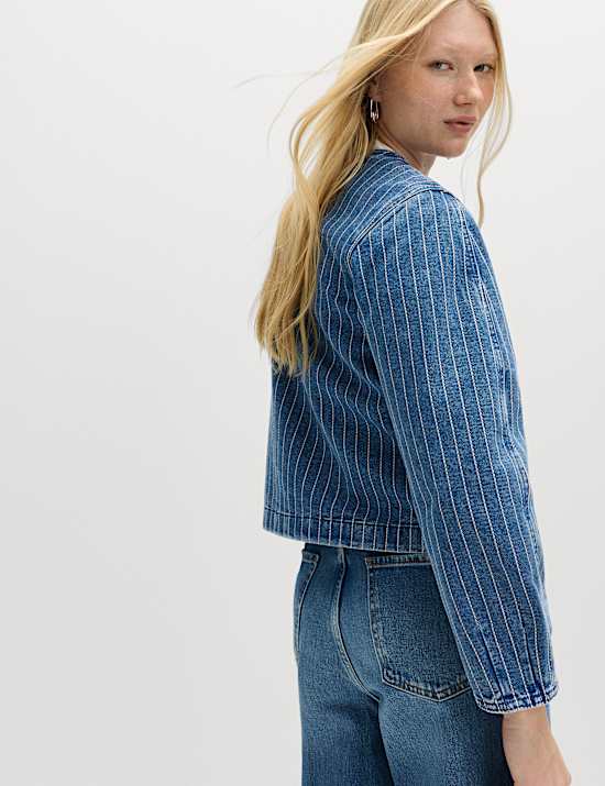 Denim Striped Collarless Jacket