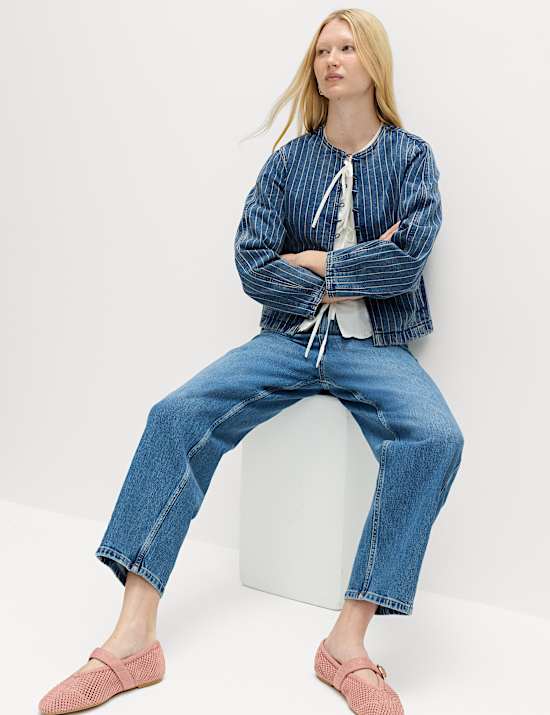 Denim Striped Collarless Jacket