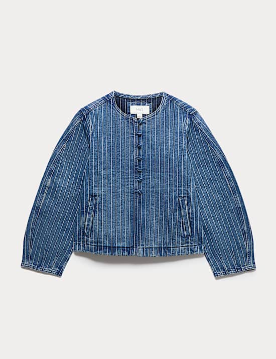 Denim Striped Collarless Jacket