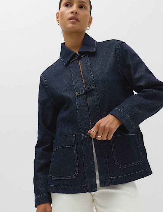 Cotton Lyocell Blend Denim Tie Front Jacket