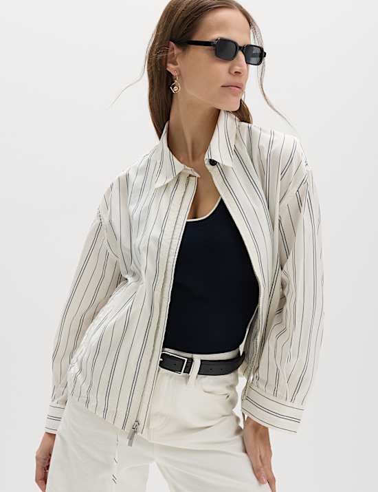 Pure Cotton Striped Zip Through Shirt Jacket