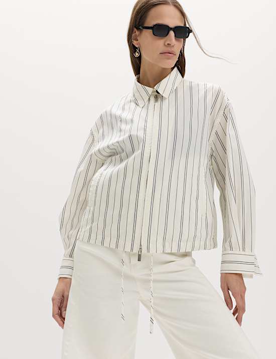 Pure Cotton Striped Zip Through Shirt Jacket