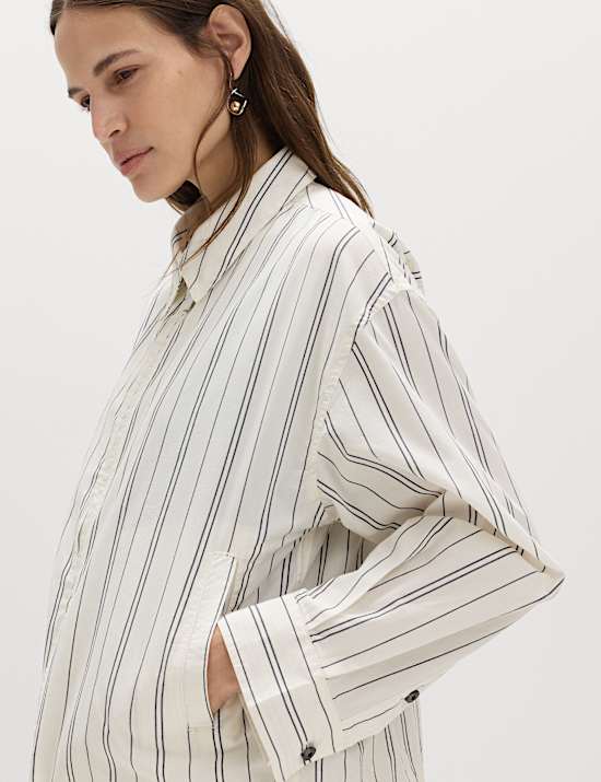 Pure Cotton Striped Zip Through Shirt Jacket