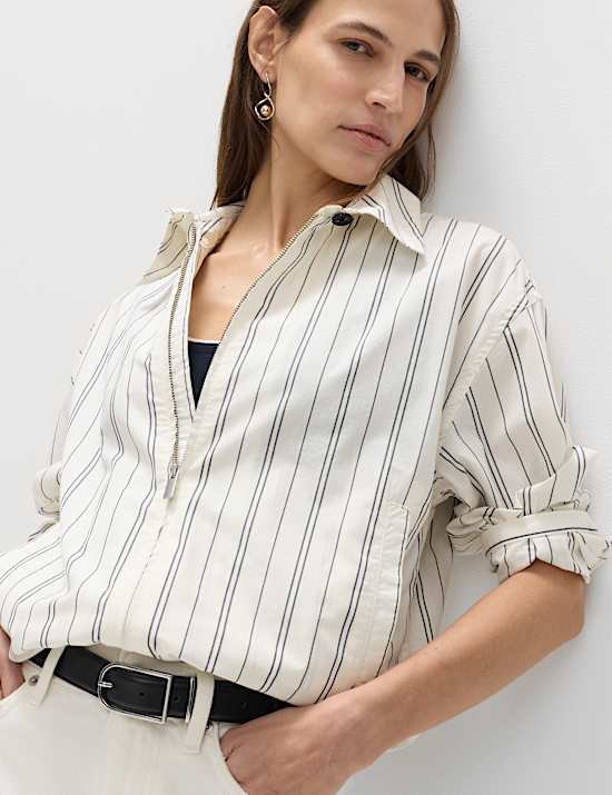 Pure Cotton Striped Zip Through Shirt Jacket