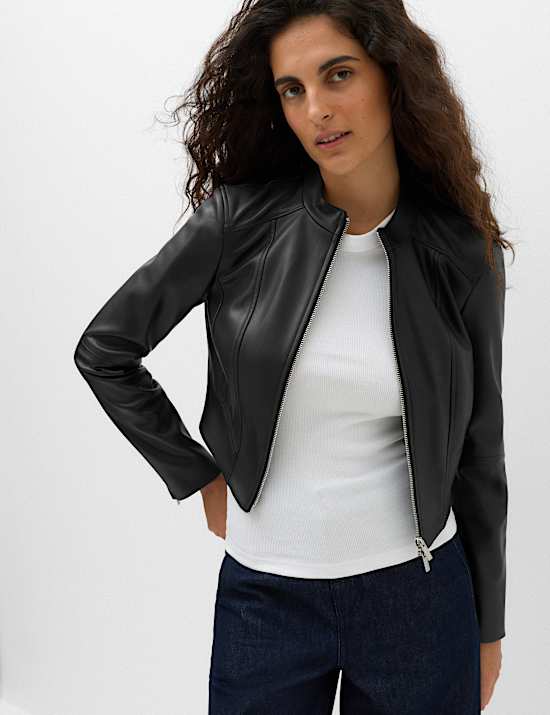 Faux Leather Funnel Neck Cropped Moto Jacket