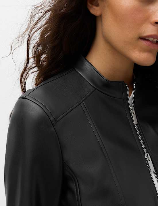 Faux Leather Funnel Neck Cropped Moto Jacket