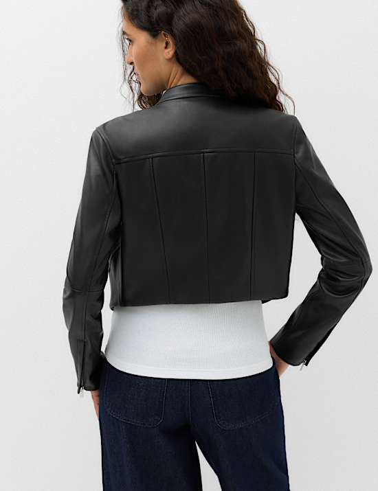 Faux Leather Funnel Neck Cropped Moto Jacket
