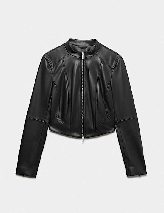 Faux Leather Funnel Neck Cropped Moto Jacket