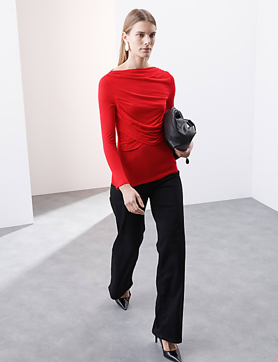 Slash Neck Wrap Front Top With Silk