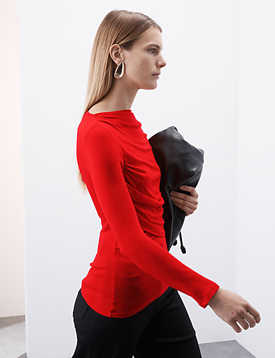 Slash Neck Wrap Front Top With Silk