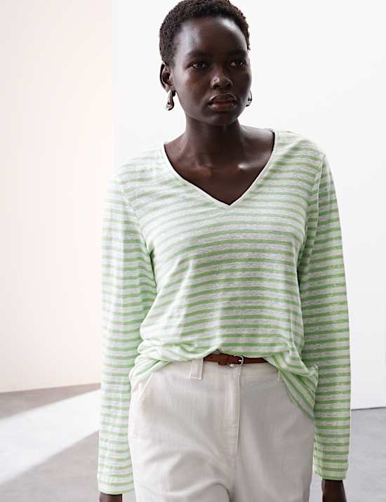 Pure Linen Striped V-Neck Top