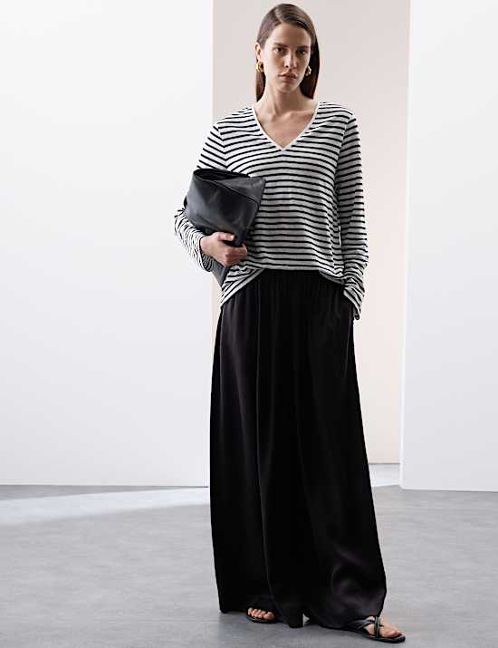 Pure Linen Striped V-Neck Top