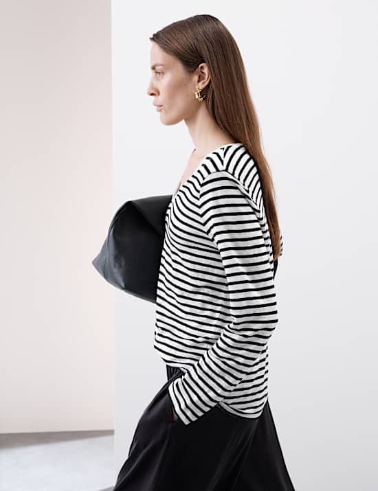 Pure Linen Striped V-Neck Top