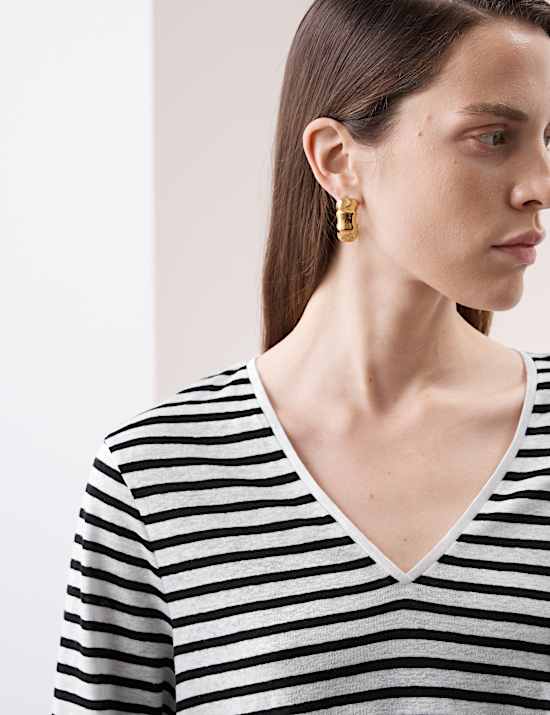 Pure Linen Striped V-Neck Top