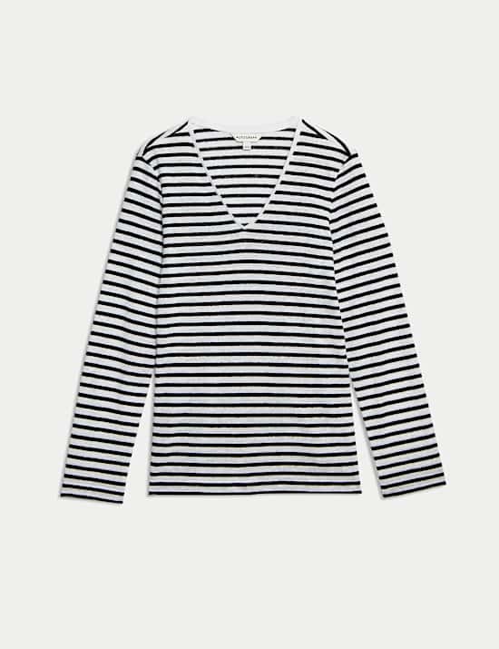 Pure Linen Striped V-Neck Top