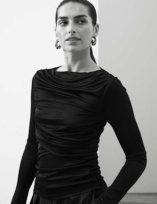 Jersey Draped Slash Neck Fitted Top