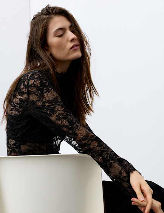 Lace High Neck Slim Fit Top