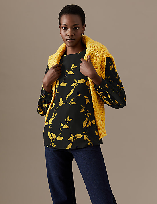 Leaf Print Blouson Sleeve Blouse