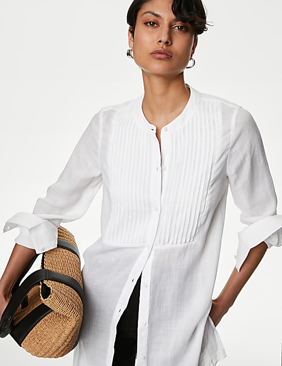 Ramie Collarless Pintuck Longline Shirt