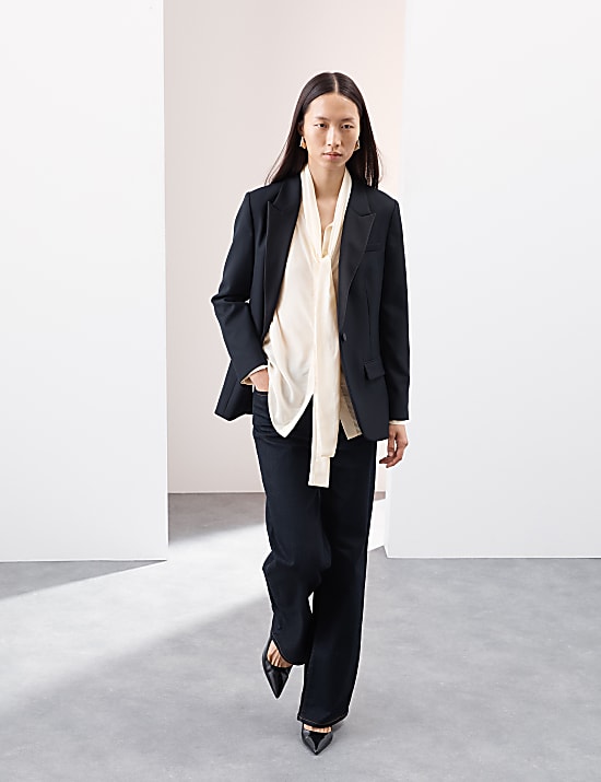 Silk Blend Tie Neck Button Through Blouse