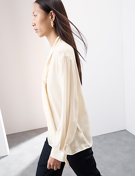 Silk Blend Tie Neck Button Through Blouse