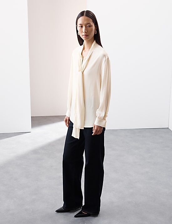 Silk Blend Tie Neck Button Through Blouse