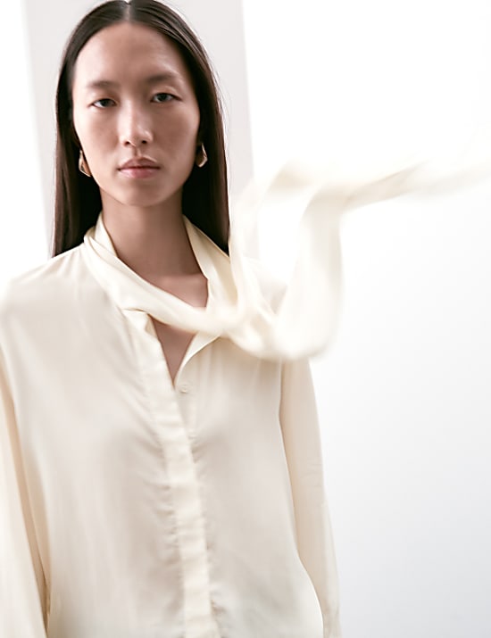 Silk Blend Tie Neck Button Through Blouse