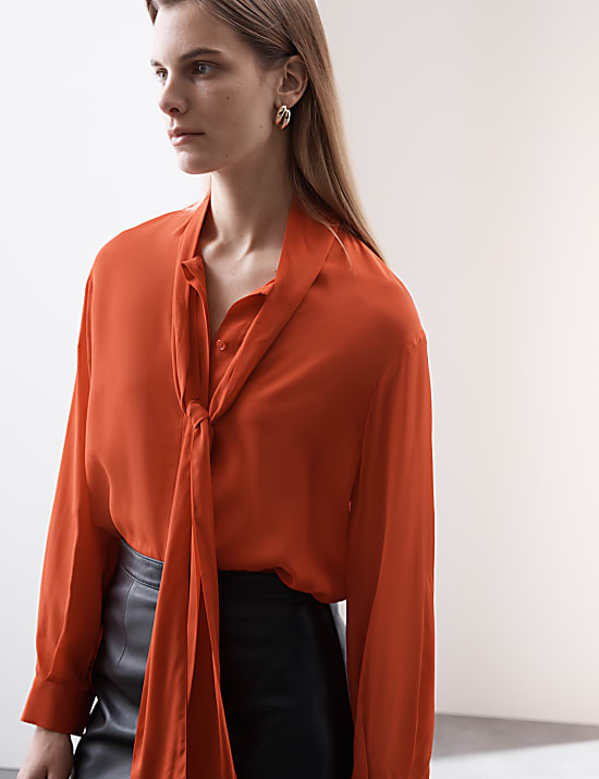 Silk Blend Tie Neck Button Through Blouse