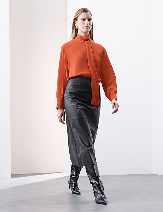 Silk Blend Tie Neck Button Through Blouse