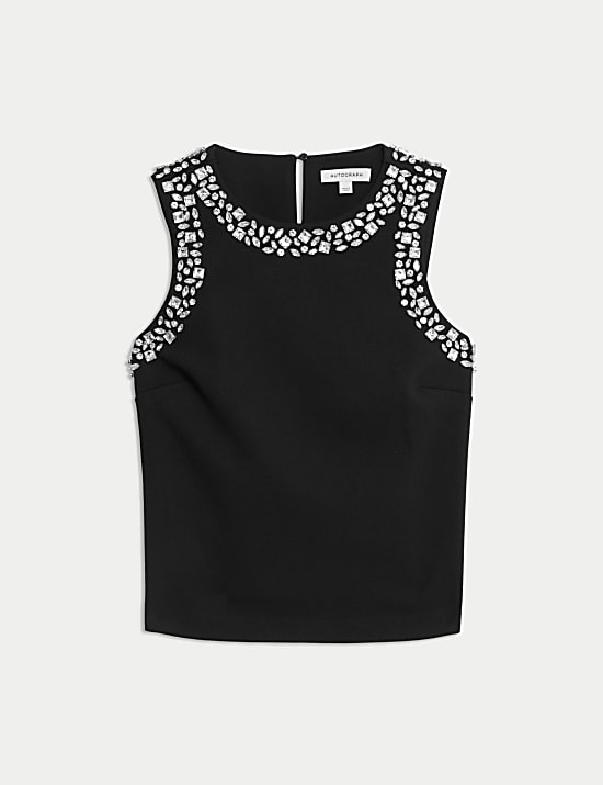 Embellished Crew Neck Sleeveless Blouse