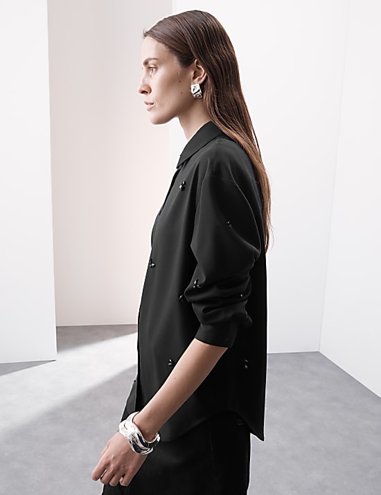 Wool Blend Embellished Long Sleeve Shirt